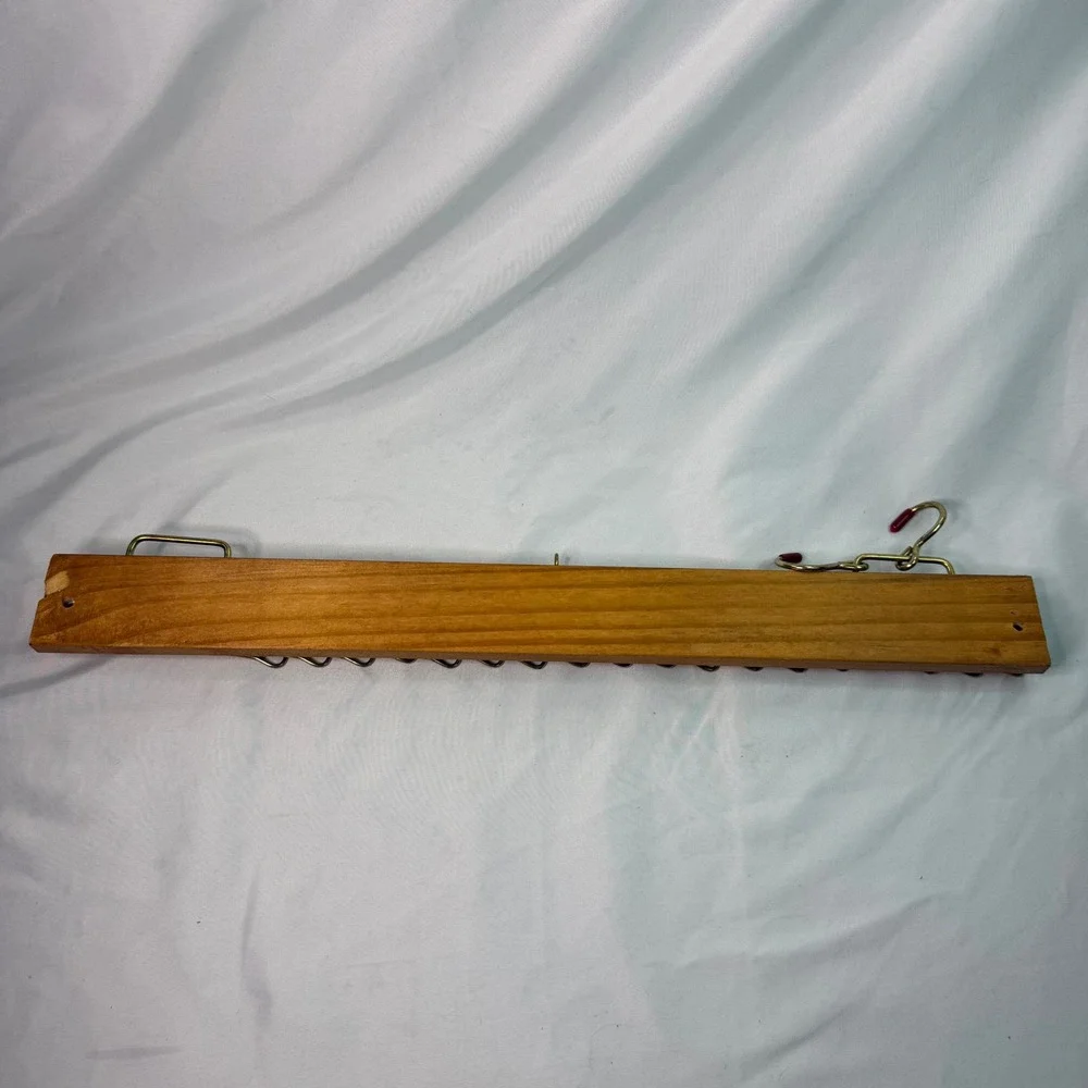 Vintage Wooden Wall Mount Tie Rack Brass Tone 24 Hook Closet Organizer Brown